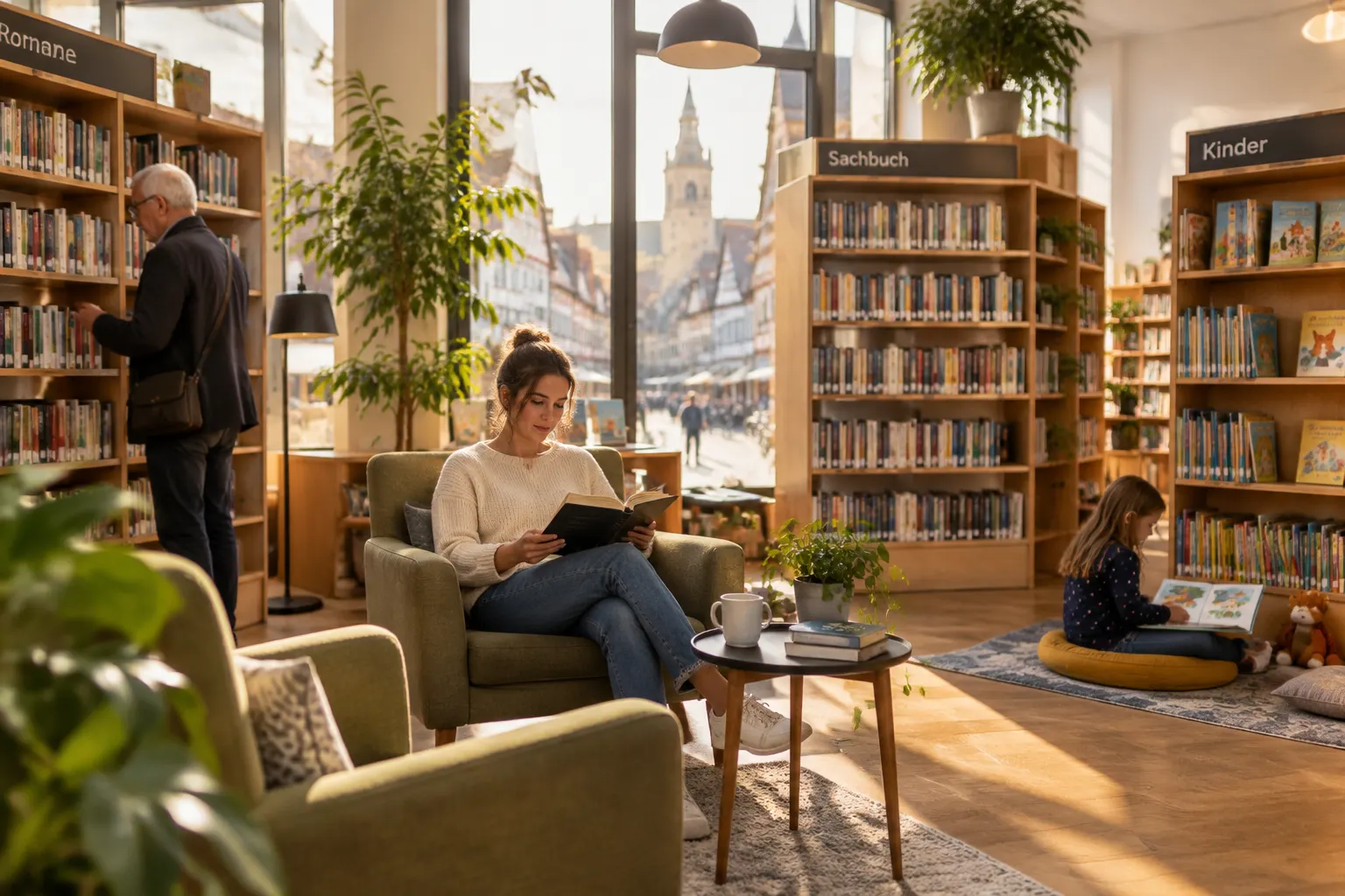Lesende in einer hellen Stadtbibliothek mit Regalen für Romane, Sachbuch und Kinder